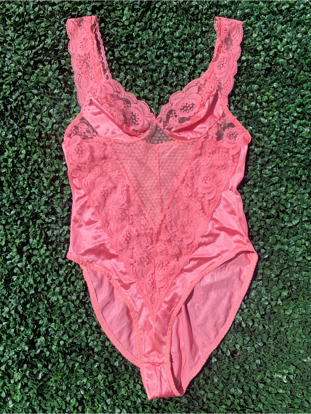 Vintage 80s Inclinations Pink Lace Nylon bodysuit teddy - shabbychic cottagecore